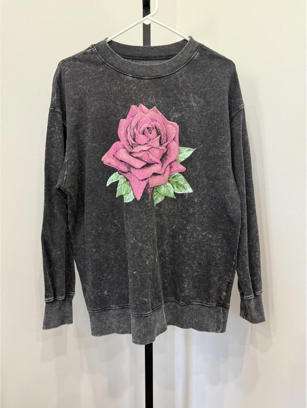 Black Sweatshirt with Pink Rose Graphic S Rebellious One